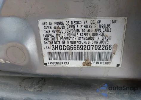 2002 Honda Accord 2.3 Lx from USA, damaged, VIN 3HGCG66592G702266